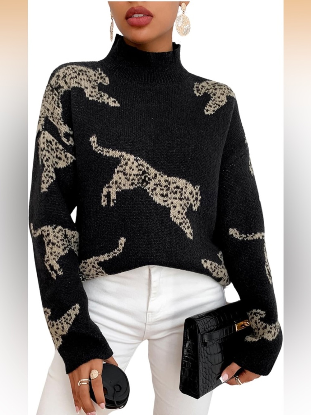 Women's Leopard Tiger Print Sweater High Neck Long Sleeve FuzzyKnitted Pullover